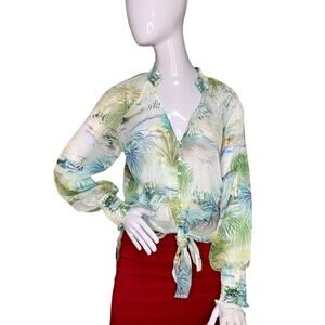 Guess NWT Charisse Chiffon Blouse Long Sleeve Tropical Print High Low Size M